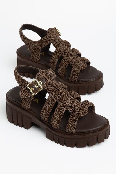 Hayalimdeki Ayakkabı Women's Brown Knitwear Knitted High-Sole Sandals with Bu...