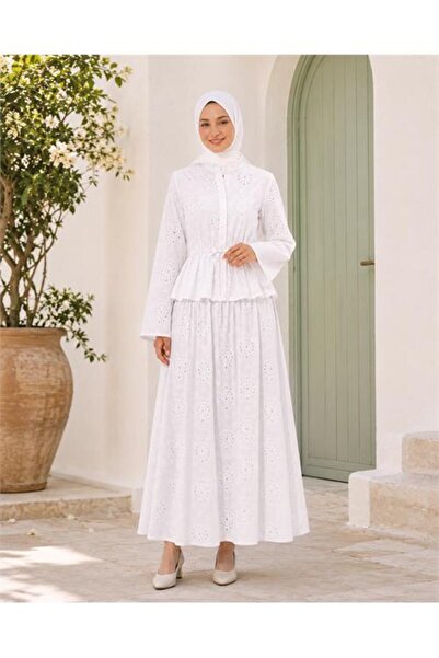 Neşeli Butik Women's White Embroidered Elastic Waist Skirt and Blouse Hijab S...