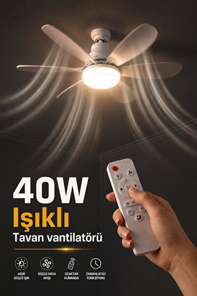 Coverzone Tavan Tipi Fan 40W Uzaktan Kumandalı LED Işıklı Sessiz Vantilatör Z...