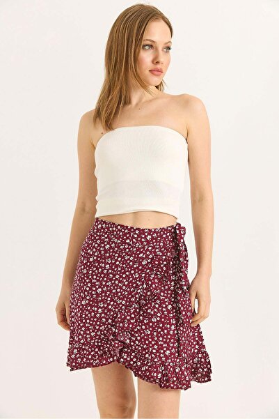 Raneel Kazançlı Alışveriş Floral double breasted ruffled woven viscose mini s...