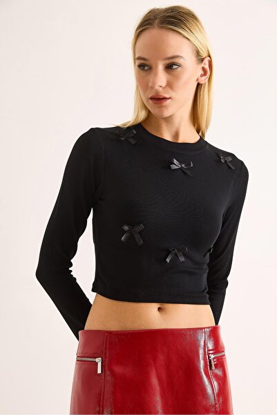 Raneel Kazançlı Alışveriş Women's Ribbon Long Sleeve Crop Blouse Black