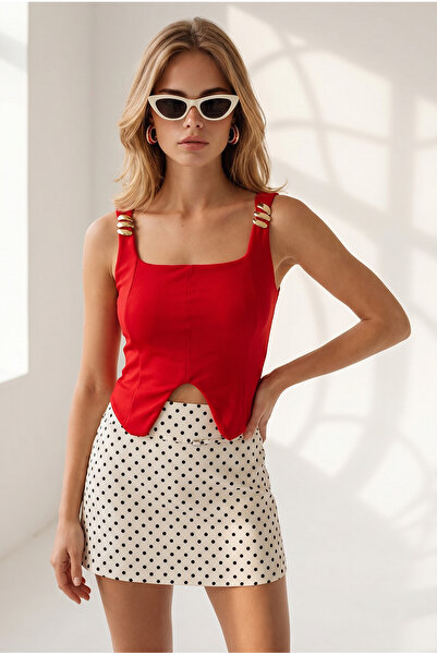 Olalook Women's Red Accessory Detailed Double Layered Asymmetrical Blouse Blz...