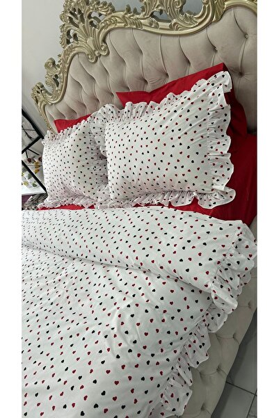 AHSEN TASARIM 100% Cotton Hearted Ruffled Bedding Set, Duvet Cover Set, Bedsp...