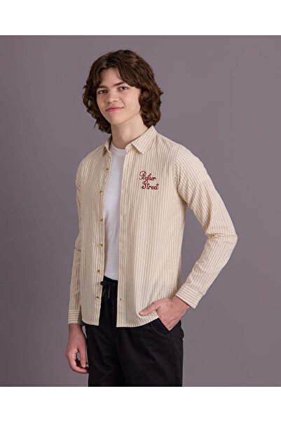 REDTAG Senior Boys Beige Striped Casual Shirt