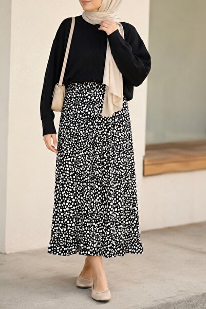 İmajButik Black Patterned Viscon Skirt with Elastic Waist