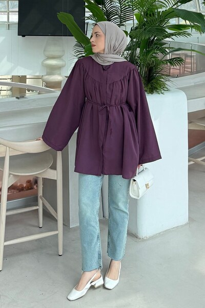 lamelif Tie-Dye Detailed Hijab Shirt in Plum