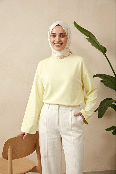 SADEL Bisiklet Yaka Detaylı Oversize Bluz - Açık Sarı