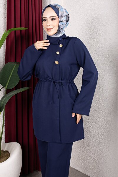 Rabia Zülal New Season Suit with Side Buttons on the Front - Navy Blue Rbz2608Y