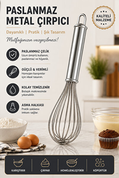 KEA Paslanmaz Çelik Metal Çırpıcı 25 cm Mutfak Yumurta Kek Hamur Krema Tel Çı...