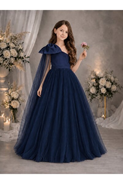 NSMLİFE Girl's Navy Blue One-Shoulder Bow Detailed Puffy Tulle Princess Dress