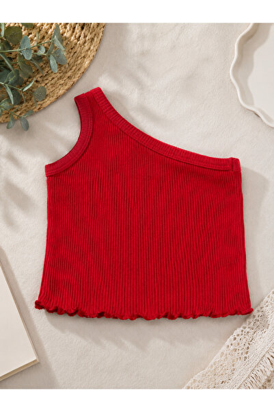 ues Baby Girl One-Shoulder Red Ribbed Crop Blouse