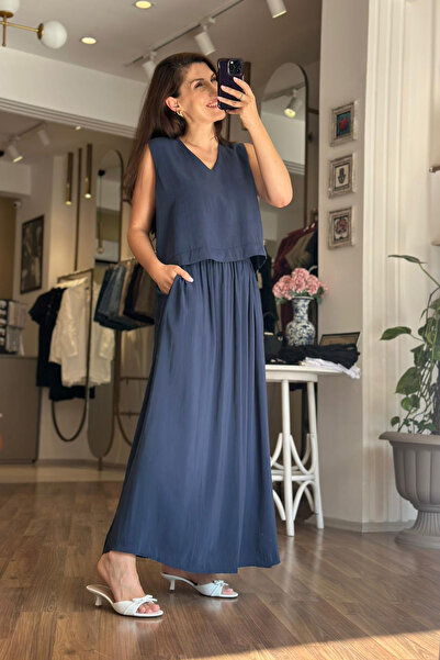 Unique Boutique Navy Blue Modal Fabric Skirt-Blouse Set