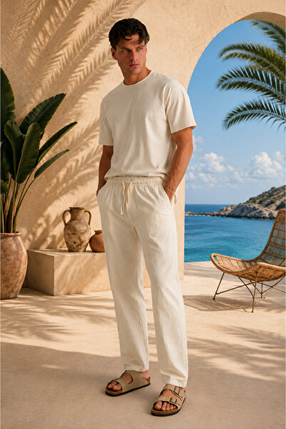 Dechers Men's Comfortable Fit Linen Trousers with Embroidery Detail and Elast...