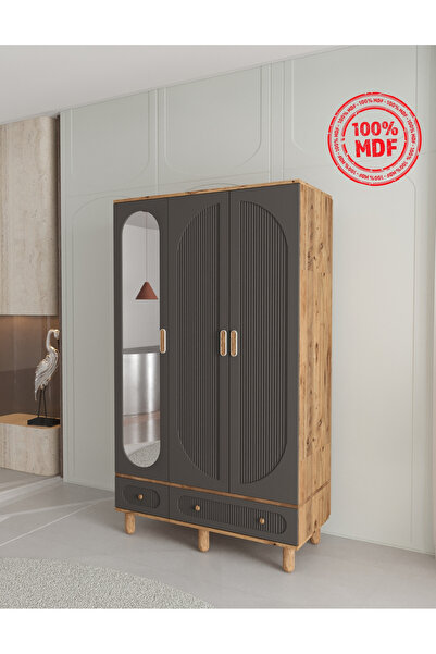 Teen & Bright %100 MDF Soho 3 Kapaklı Çekmeceli Modüler Gardırop - Antrasit