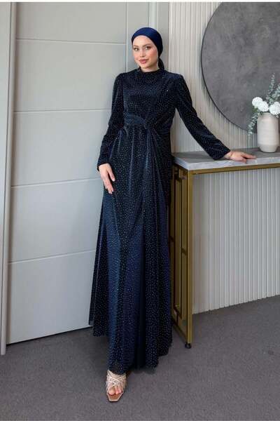 Şulemoda Giyim Nazen Stone Draped Evening Dress Navy Blue