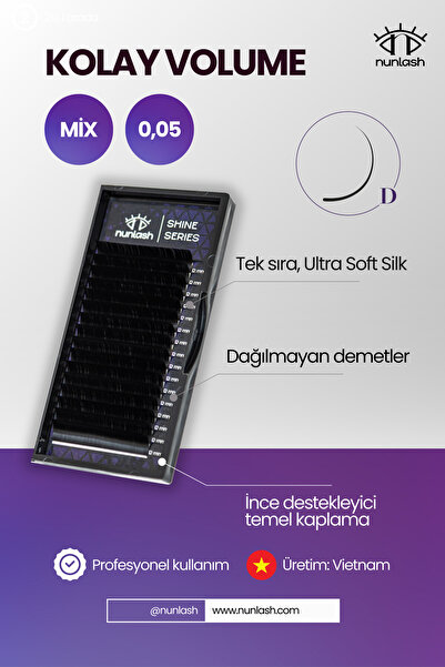 nunlash KOLAY VOLUME İpek Kirpik D kıvrım; kalınlık 0,05; MİX 8-14mm
