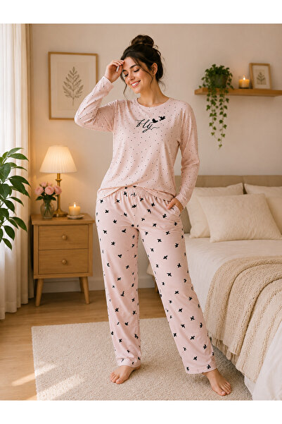 SERPİL Kadın Pudra Pembe Fly Baskılı Pijama Takımı Uzun Kollu Uzun Paça Rahat...
