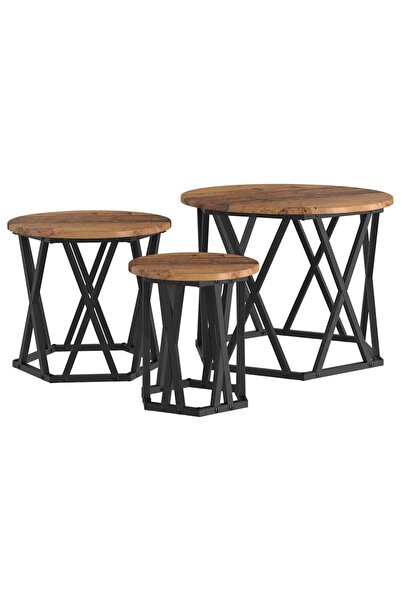vidaxl Masă laterală nesting 3 pcs Lemn Vechi Lemn ingineresc și oțel