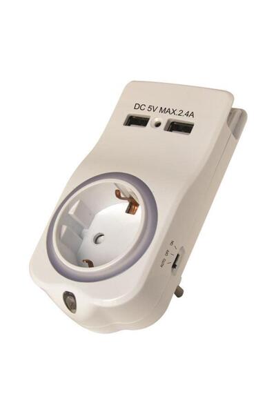 EUROLAMP Προσαρμογέας SCHUKO με νυχτερινό φως, 2 USB, βάση κινητού τηλεφώνου ...