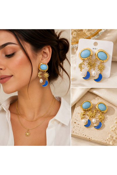 kasımoğulları concept Blue Stone Detailed Sun & Moon Figured Pearl Dangle Gol...