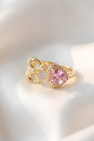 Elifsu Jewelry Coquette Bow Ring with Large Heart Detail and Zircon Stone, Ad...