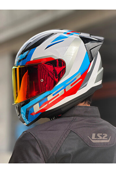 LS2 RAPID 2 HYPER BEYAZ-MAVİ-KIRMIZI KASK (KIRMIZI VİZÖR + SPOILER)