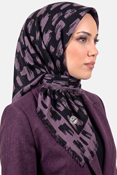 hadiora Women's Black Lilac Brush Patterned Flared Twill Scarf