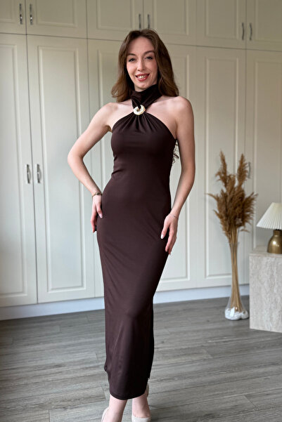 Dilay Gökoğlu Butik Neck Accessory Detailed Midi Slit Dress