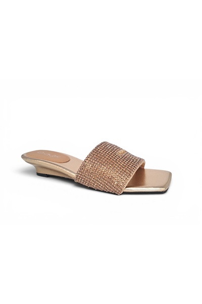 Guja 4 cm Mini Wedge Heel Square Toe Stoned Bronze Gold Color Women's Stylish...