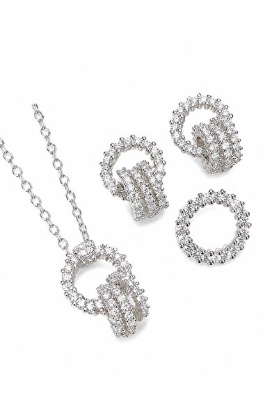 Nevara Women's 4Pcs Silver Plated Fashion Shiny Zircon Jewelry Set for Daily ...