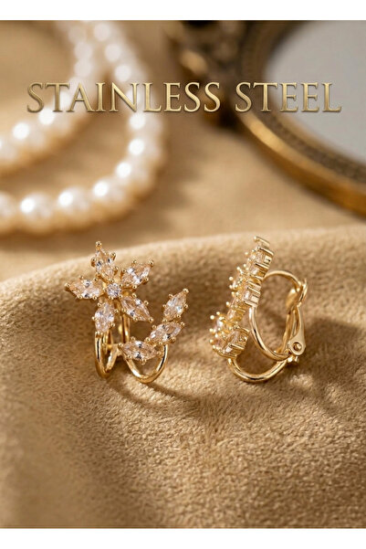 stainless steell أقراط نموذجية على شكل زهرة من حجر الزركون باللون الذهبي النحاسي
