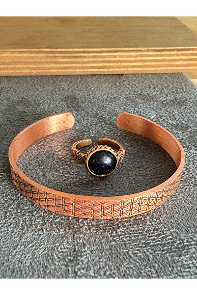 Rupen Kraft Handcrafted copper bracelet and natural stone ring set, adjustabl...