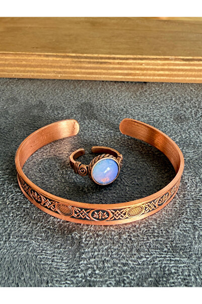 Rupen Kraft Handcrafted copper bracelet and natural stone ring set, adjustabl...