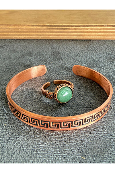 Rupen Kraft Handcrafted copper bracelet and natural stone ring set, adjustabl...