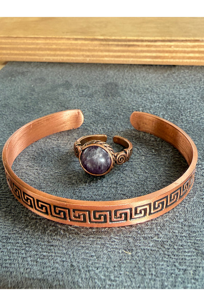 Rupen Kraft Handcrafted copper bracelet and natural stone ring set, adjustabl...