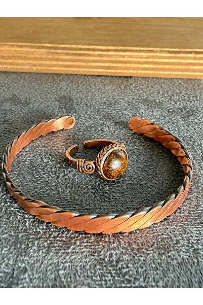 Rupen Kraft Handcrafted copper bracelet and natural stone ring set, adjustabl...