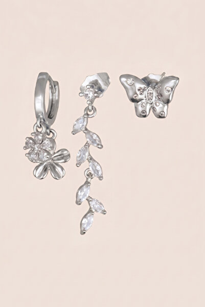 Hetra Silver Colored Zircon Stone Leaf Branch and Butterfly 3-Piece Earring Set