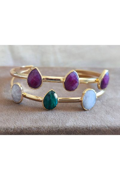 MuseumofYou Natural Stone, Double Row Cuff Bracelet, Adjustable, Root Ruby and Emerald, Cat's Eye