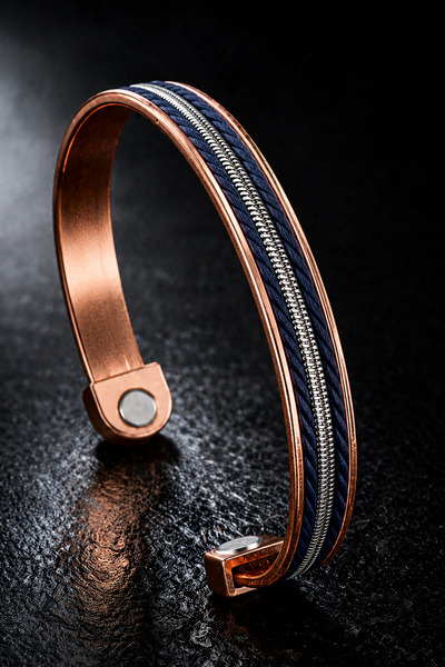 İyyaKee Men's and Women's Navy Blue Copper Bracelet with Leather Strips on To...