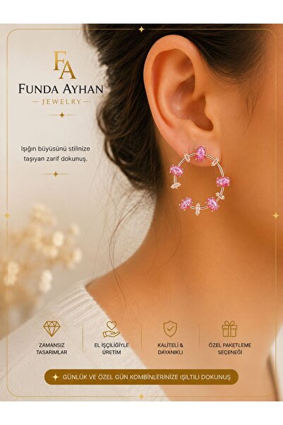 FTA TİCARET Funda Ayhan Pink Opal Stone Detailed Gold Color Women's Earrings ...