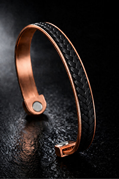 İyyaKee Men's and Women's Copper Bracelet with Leather Weave on Top and Magne...