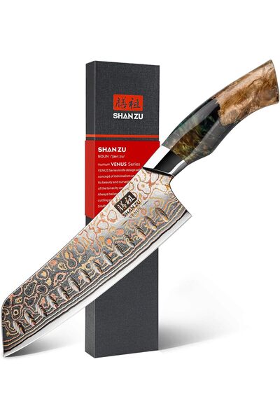 SHAN ZU Damascus Santoku Knife 7 inch, Japanese Kitchen Knives Copper & Damas...