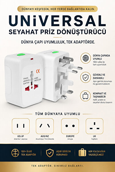 MVLH Universal Seyahat Priz Dönüştürücü - Dünya Çapı Tüm Ülkelerle Uyumlu Ame...