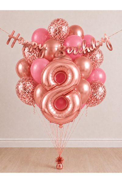 Balonsan -8- Age Rose Gold Happy Birthday Banner Themed Balloon Bundle 15 Pieces