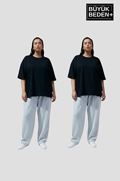 Superlife Big Size Women's Basic Crew Neck 2'Li T-Shirt Set Spr26Btsk510+2