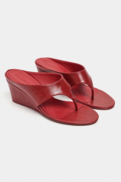 NİŞANTAŞI SHOES Corey Red Rustic Flip-Flop Wedge Heeled Women's Slippers
