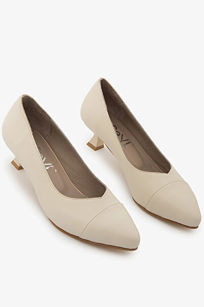 SAYL Ecru Genuine Leather Pointed Toe Short Heeled Women's Stiletto Shoes