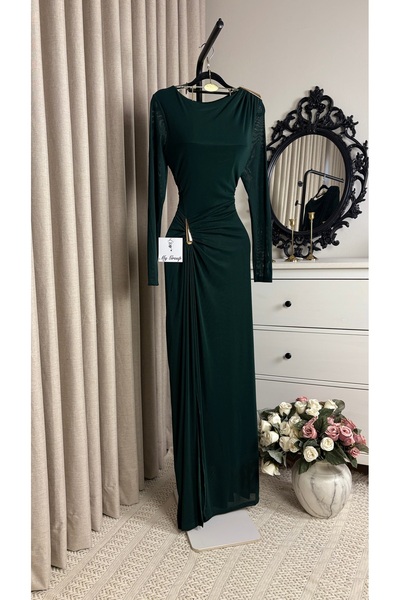 MYGROUP Soft Maxi Evening Dress with Long Sleeves and Side Zemzem Detail