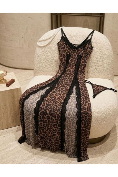 Lavishh Wild Charm Leopar Desenli Dantel Detaylı Gecelik Takım