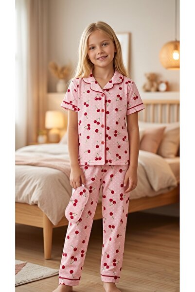 Enie Girl's Cotton Cherry Patterned Summer Pajama Set with Eye Patch